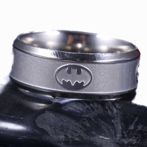 Silver Stainless Steel BATMAN Insignia Emblem Embossed Engraved 8mm Band Ring